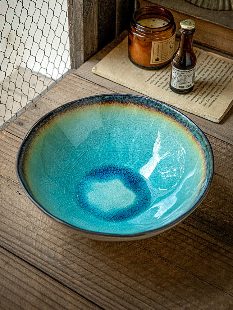 Midnight Shard Crackle-Glaze Salad Bowl