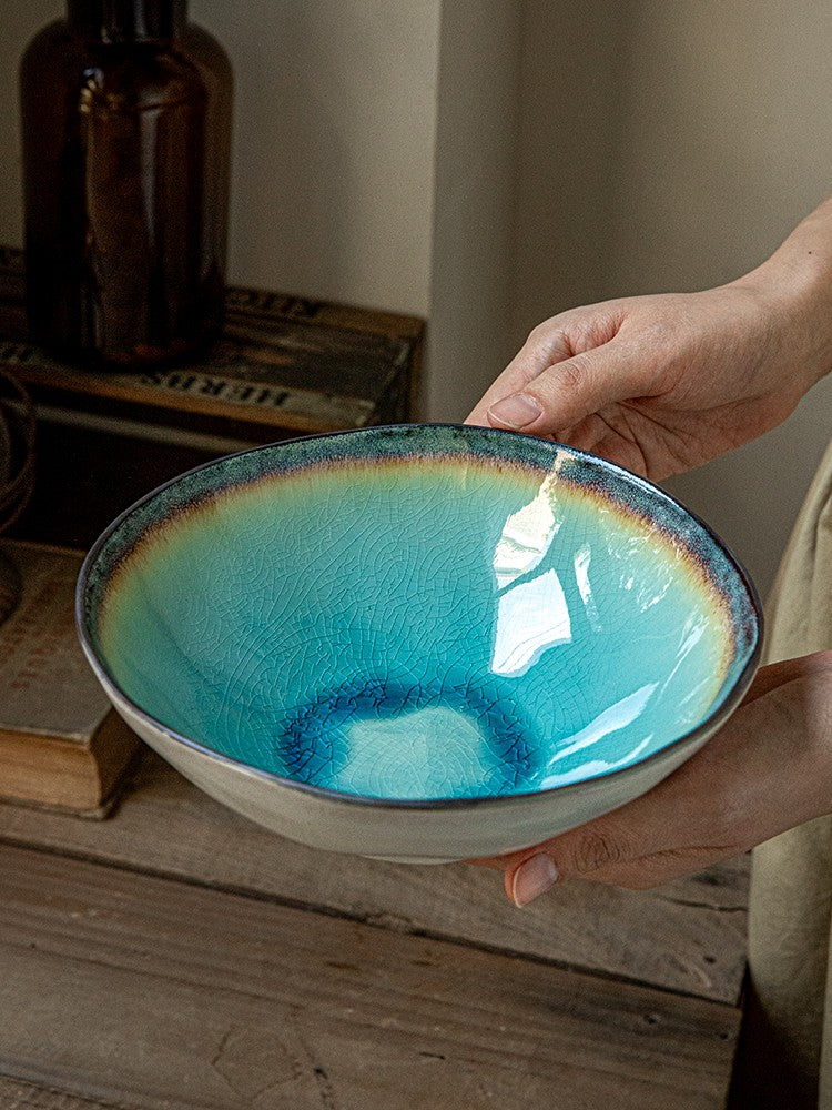 Midnight Shard Crackle-Glaze Salad Bowl